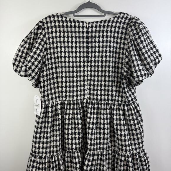 New Arula 1X Black White Gingham Plaid Babydoll Mini Dress Puff Sleeve Preppy - Picture 9 of 13